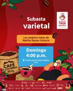 Afiche promocional de la "Subasta varietal" de La Mejor Taza Nariño 2026, que indica la fecha, hora y lugar del evento junto a ilustraciones representativas de la cultura cafetera.
