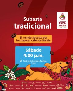 Afiche promocional de la "Subasta tradicional" en el marco de La Mejor Taza Nariño 2026, indicando que el evento se realizará el sábado a las 4:00 p.m. en el Centro de Eventos Andino en Pasto, decorado con ilustraciones de granos de café y un perro con pañoleta